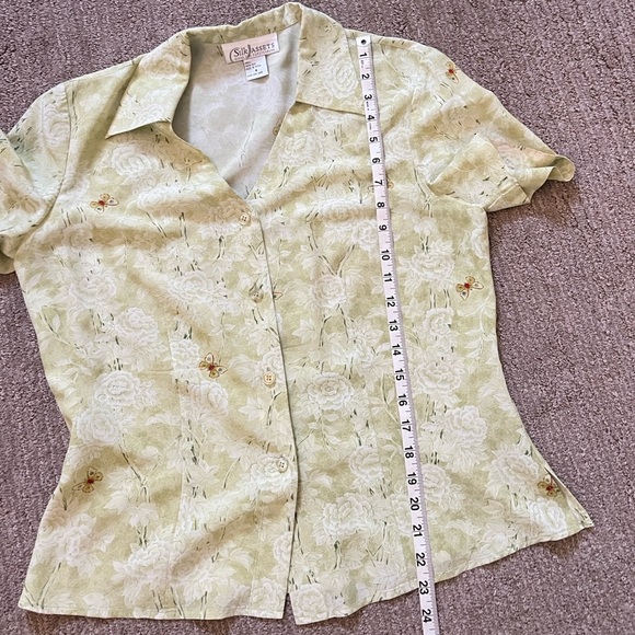 Vintage 100% Silk Diane Von Furstenberg DVF Silk Assets Lime Green Floral Blouse - Picture 7 of 7